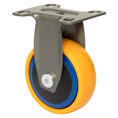 Immagine di Wagner Design 01247501 Mulinello a rullo per mobili, colore giallo/blu, superficie di scorrimento morbida, diametro 75 mm, altezza 100 piastra avvitamento 60 x 70 portata kg