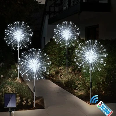 Immagine di Joysing Lampada solare da giardino per esterni, 4 x 120 LED, luce fuochi d&#039;artificio con telecomando, 8 modalità, connettore giardino, luci solari, impermeabile, terrazza,