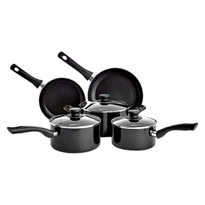 Immagine di Amazon Basics 5 Pezzi Batteria da Cucina a Induzione Antiaderente, Alluminio, con Coperchi, Nero
