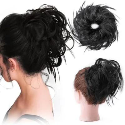 Immagine di Extension/accessorio per capelli sintetico, chignon in stile spettinato, dritti, elastico, biondo castano, un&#039;acconciatura immediata