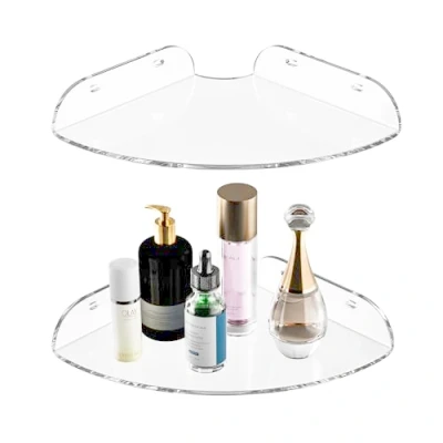 Immagine di Sezanrpt Set di 2 mensole angolari da parete 17,8 x cm, fluttuanti in acrilico, organizer trasparente per bagno, cucina, camera letto, soggiorno, sala pranzo,
