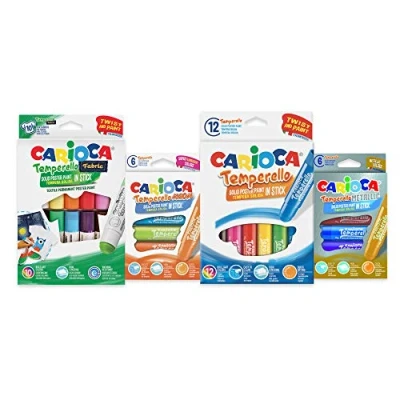 Immagine di Carioca Set Temperello Kit Tempere Solide per Bambini in Stick Dipingere e Colorare, Carta, Cartoncino, Legno Tessuti, Colori Assortiti, 34 Pezzi