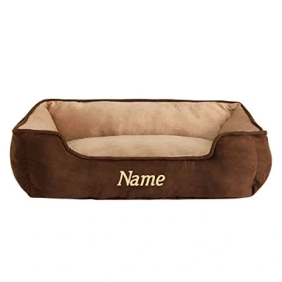Immagine di lionto Letto per cani 2 in 1 con ingresso confortevole, accogliente cuccia reversibile e gatti, 110x80 cm, cuscino similpelle facile da pulire, marrone/beige (con nome)