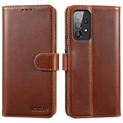 Immagine di Lensun Cover per Samsung Galaxy A33 5G, Custodia in Vera Pelle [RFID Blocking] Libro con Portafoglio Chiusura Magnetico Flip Telefono Custodie Cuoio 5G Marrone scuro