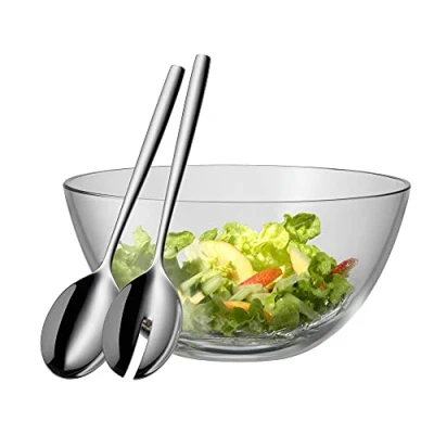 Immagine di WMF Set di 3 insalatiere Taverno, posate da insalata in vetro, acciaio inossidabile Cromargan lucido, lavabile lavastoviglie, diametro 25 cm