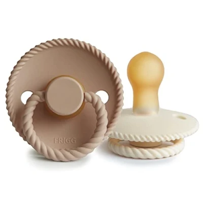 Immagine di FRIGG Rope confezione da 2 ciucci Ciuccio in lattice Prodotto Danimarca Senza BPA Tettarella simmetrica a ciliegia (Cream/Croissant, Taglia 1 (0 6 Mesi))
