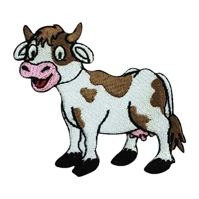 Immagine di Toppa ricamata a forma di mucca, per bambini, da cucire o applicare con ferro stiro, vestiti, ecc. 7 x cm