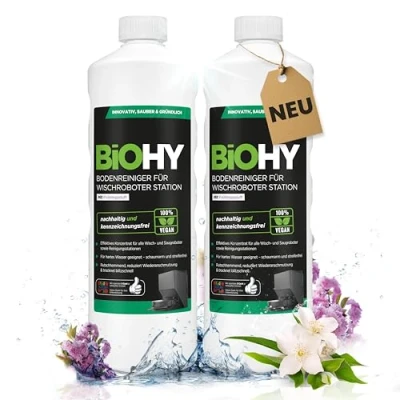 Immagine di BiOHY detergente per pavimenti robot, stazione con profumo primaverile (2 x 1 litro), concentrato tutti i tipi di pulizia e robot aspirapolvere funzione bagnata, braccio