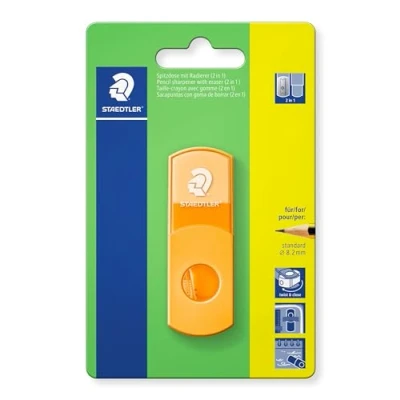 Immagine di STAEDTLER Temperino con gomma, arancione fluo, senza ftalati e lattice, per penne di formato standard, richiudibile, temperamatite 2 in 1 su blister, 511SE F4BK