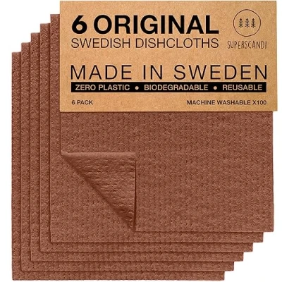 Immagine di SUPERSCANDI Strofinacci svedesi ecologici, riutilizzabili, sostenibili, biodegradabili, Confezione da 6, Colore Rossa