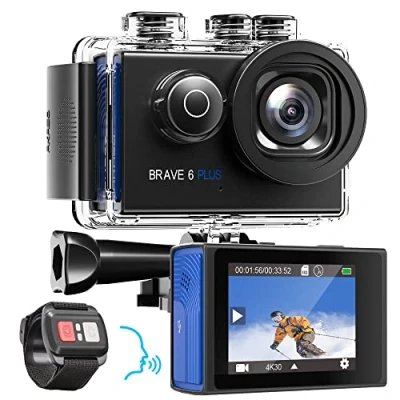 Immagine di AKASO Brave 6 plus Action Cam 4K 20MP Camera WiFi 40M Fotocamera Subacquea Impermeabile EIS Touch Screen con 4x Zoom Controllo Vocale Telecomando Casco 2 Batterie da 1350mAh