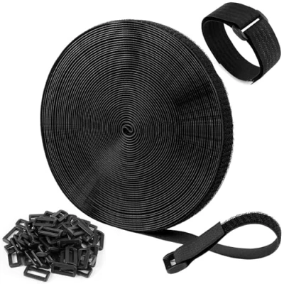 Immagine di kurkip 10M fascette fermacavo con 60 fibbie, fermacavi riutilizzabili 2 cm larghezza, a strappo, cinghie per cable management, organizzare cavi, tubi flessibili, nero
