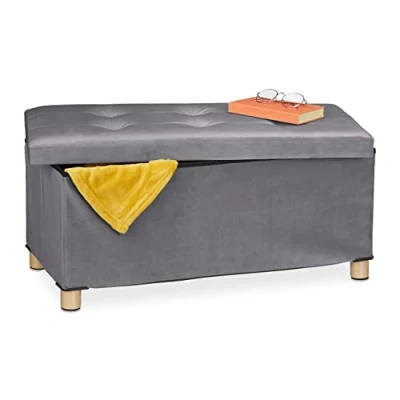 Immagine di Relaxdays Pouf con Contenitore Vassoio, HxLxP: 34x76x38 cm, Sgabello Portaoggetti Salvaspazio, Velluto, Grigio Scuro, Legno, 1 pz
