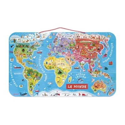 Immagine di Janod Puzzle magnetico in legno con mappa del mondo 92 pezzi magnetici 70 x 43 cm Versione francese Gioco educativo a partire dai 7 anni, J05500 argento metallizzato