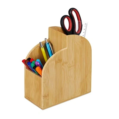 Immagine di Relaxdays Portaoggetti da Scrivania in bambù, Organizer Ufficio, 2 Scomparti Portapenne, HLP 20x17x9cm, Marrone Naturale, 90% 10% Fibra, 1 pz