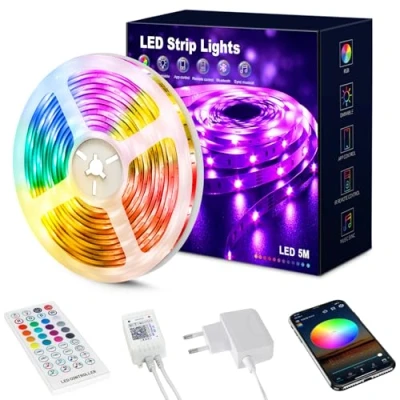 Immagine di Beaeet Striscia Led 5 Metri, Comandabile Tramite app E telecomando,Strisce Sincronizzazione Musicale,per Decorazioni Casa, Bar, Festa