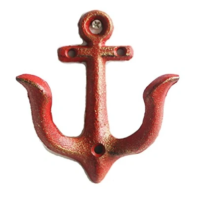 Immagine di Kiaotime ganci appendiabiti in ghisa Anchor design rustico vintage, Spiaggia Oceano da parete stile antico shabby chic metal casa bagno tovagliolo Hanger Red