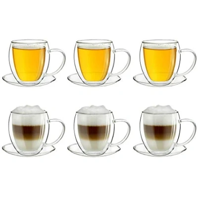 Immagine di Creano Set di 6 Tazze Termica in Vetro a Doppia Parete, Tazza con Manico e Sottobicchiere 250ml Esclusiva Confezione Regalo