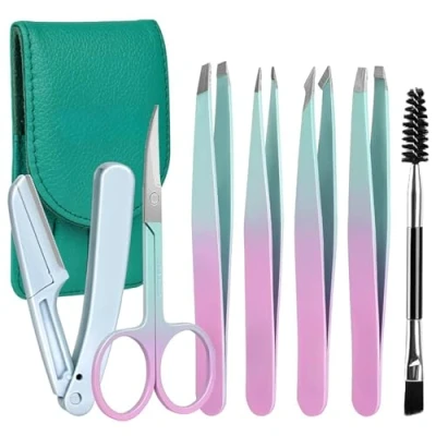 Immagine di Pinzetta per Sopracciglia Professionale (7 Pezzi), Set di pinzette precisione, con Forbici, Rasoio, custodia in pelle, donna e uomo viso, sopracciglia, Verde