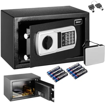 Immagine di BAKAJI Cassaforte Elettronica di Sicurezza con Box Batteria Esterno, Cassetta Porta Valori e Documenti Antiscasso per Casa, Hotel, Installazione a Muro Parete o Indipendente, 31 x 20 cm (Nero)