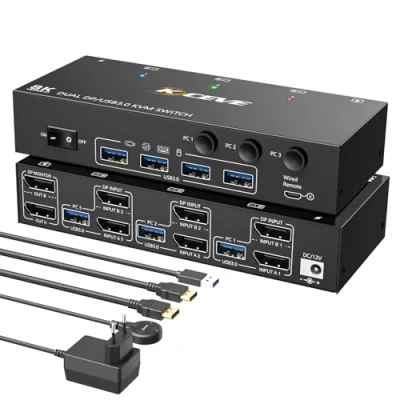 Immagine di Switch KVM Displayport 8K 3 PC 2 monitor 8K@30Hz 4K@144Hz, Doppio USB 3.0 1.4 e 4 dispositivi telecomando cablato cavi inclusi