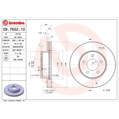 Immagine di BREMBO 09.7652.10 Disco freno 286 26 5 ventilazione interna