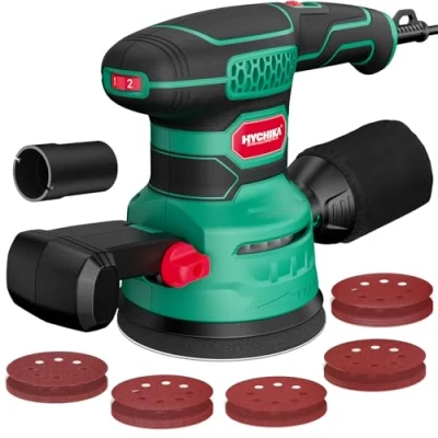 Immagine di HYCHIKA 450W Levigatrice Orbitale, Sei velocità da 6000 12000 OPM, efficiente sistema di raccolta della polvere con 20 pezzi dischi abrasivi 125mm, ideale per la levigatura metallo e legno
