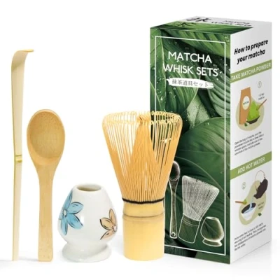 Immagine di 4 Pezzi Kit Cerimonia Matcha Giapponese, Frusta in Bambù Naturale, Cucchiaio di Bambù, Paletta Porta Frusta, Set per la Del tè, il Drink Bianco brillante/fiori blu