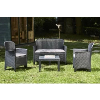 Immagine di Dmora Set Salotto da Esterno Ostuni, Giardino con 2 poltrone, 1 Divano ed tavolino, Salottino Effetto Rattan Cuscini, 100% Made in Italy, Antracite