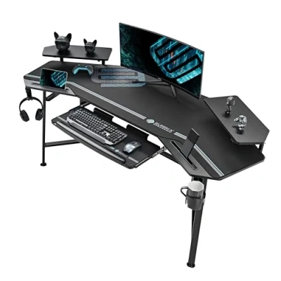 Immagine di EUREKA ERGONOMIC Scrivania Gaming LED 182x76 cm Grande Computer a Forma di Ala PC per Giocatore con Vassoio Tastiera, Mensola monitor