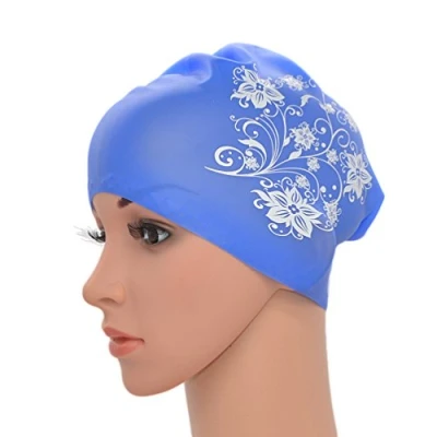 Immagine di Medifier. Elastico per capelli lunghi in silicone, da donna, piscina, cuffie, cappelli, con stampa a fiore, Blue