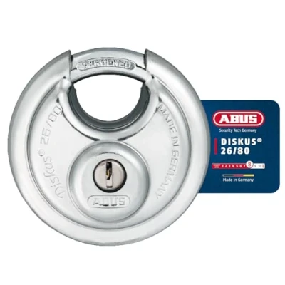 Immagine di ABUS Lucchetto Discus 26/80 resistente agli agenti atmosferici con cilindro protetto da trapano e trazione livello di sicurezza 8 argento