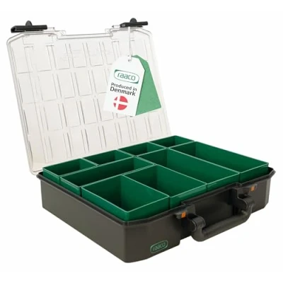 Immagine di raaco CarryLite 80 4x8 9: Premium Scatola Porta Minuteria per Officina, 9 Scomparti, Cassetta Minuteria, Capacità di Carico 10 kg, Coperchio Trasparente, 27,8 x 33,7 7,9 cm