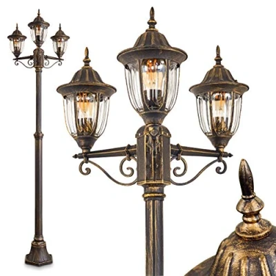 Immagine di lampada da esterno Ribadeo, candelabro in stile antico, fusione di alluminio nero/oro con vetri, sentiero a 3 bracci 225 cm, giardino retrò/vintage, E27, IP44, senza lampadina