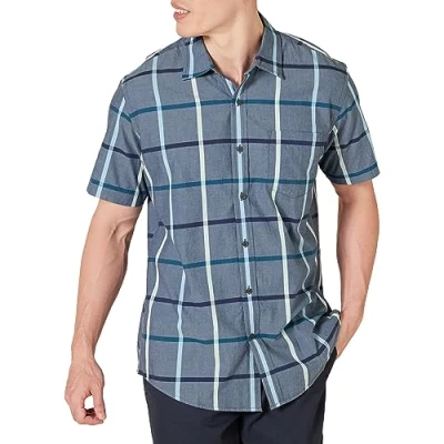 Immagine di Amazon Essentials Camicia in Popeline a Maniche Corte Regular Fit Uomo, Denim Motivo Quadri Grandi, XL
