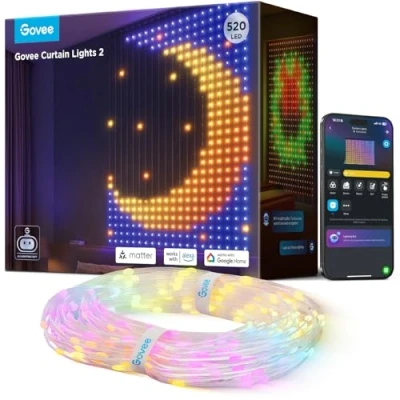 Immagine di Govee Curtain Lights, Tenda LED Intelligente con GIF, Lucine 520 Colori Cambianti RGBIC per Camera, Decorazione Dinamica Intelligente, Impermeabile IP65 Max, Compatibile Alexa (1,5 x 2 m)
