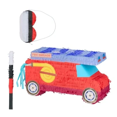Immagine di Relaxdays Pignatta Pompieri, Piñata Vuota con Bastone e Maschera, Gioco Festa di Compleanno Bambini, Carnevale, Rosso, Carta, HLP: 30x55x18 cm