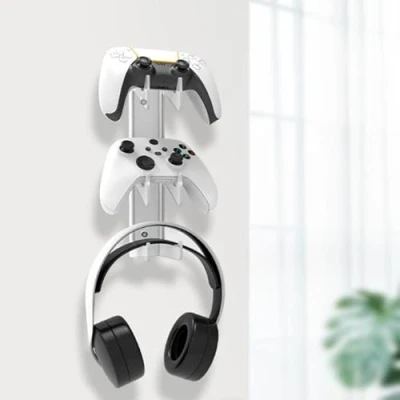 Immagine di Gamepad Supporto Cuffie per PS4/PS5/PS3/Xbox/Switch, Portaoggetti da Parete 2 Maniglie e 1 Cuffia, Gancio Cuffie, Controller Stand Trasparente