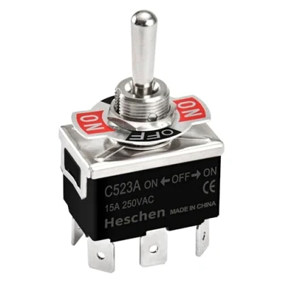 Immagine di Heschen Interruttore a levetta in metallo, C523A, DPDT, mantenuto, ON/OFF/ON 3 posizioni, 15A 250VAC, 6 tab terminale, CE