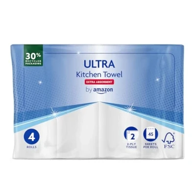 Immagine di by Amazon Rotolo da Cucina ULTRA, Extra Assorbente, 4 Unità (Confezione 1), 45 Fogli per Rotolo, Strizza e Riutilizza, Certificato FSC