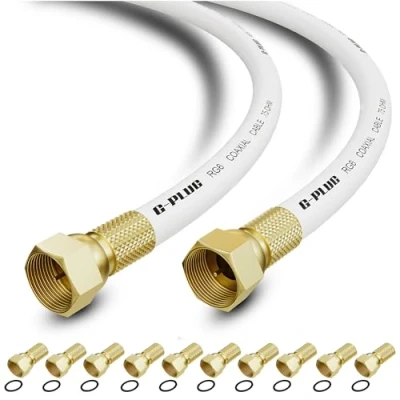 Immagine di G PLUG Set per Cavo Antenna TV 30m Internet, Banda Larga, e Prolunga Satellitare Connettori RG6 a Compressione, Guarnizione in Gomma