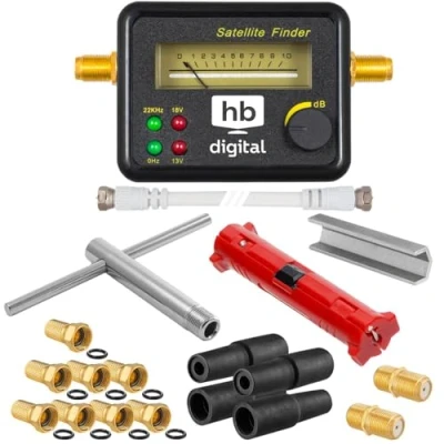 Immagine di set di installazione HB Digital SAT Satfinder con display analogico + spelafili chiave montaggio ausilio per lo svitamento 8X connettore F 2X 4X gommini