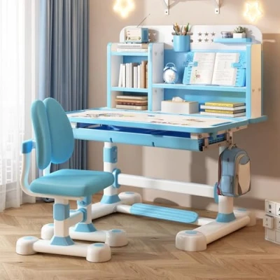 Immagine di Calager Set di scrivania e sedia per bambini, regolabile in altezza, da studio studenti scolastici, con cassetto leggio, ergonomica