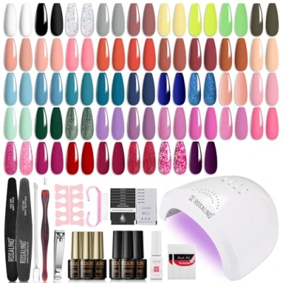 Immagine di ROSALIND Kit Semipermanente Unghie, 43 Coloris Bianco Grigio Nero Rosa Glitter Smalto 48W Lampada UV LED Unghie Completo Soak Off Nail Art Manicure Set