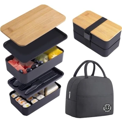 Immagine di Lunch Box A Più Livelli Bento Giapponese Con Coperchio In Bambù Per Adulti, Lavabile Microonde E Lavastoviglie, Posate Incluse (Black)