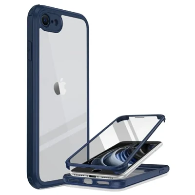 Immagine di Miracase Custodia per iPhone SE 2022/2020, Cover 8 [Pellicola Salvaschermo in Vetro Temperato 9H] di Grado Militare a 360 Gradi, Antiurto, Elegante Case Posteriore Trasparente (Blu)