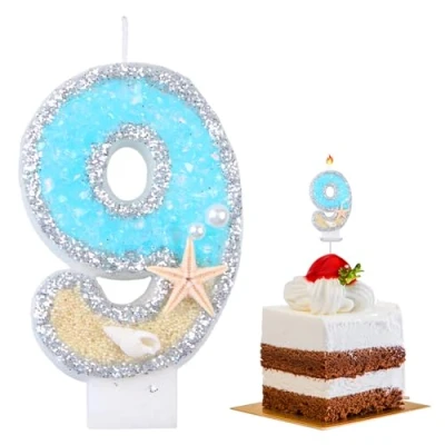 Immagine di 7.5cm Candelina,Candele di Compleanno Numero,Candela Particolari,Candela Compleanno,Torta Topper per Anniversario Feste,Tema Della Spiaggia Dell&#039;oceano,(Numero 9)