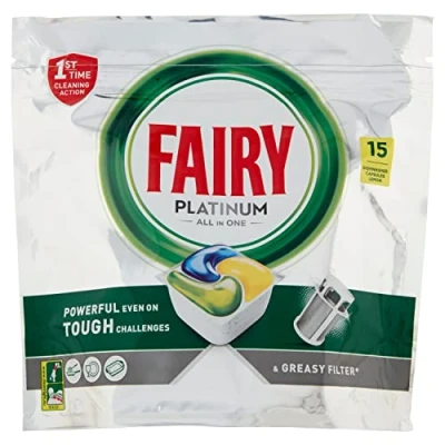 Immagine di Fairy Platinum Tutto in Uno Limone, Pastiglie per Lavastoviglie, 15 Capsule, Sfide Difficili, Pulisce i Residui di Grasso nel Filtro