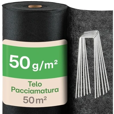 Immagine di Praknu Telo Pacciamatura Pesante 50g/m² da Giardino con 24 Picchetti 50m² Traspirante, Resistente ai Raggi UV &amp; agli Strappi Perfetto per Aiuole Piante Stagionali