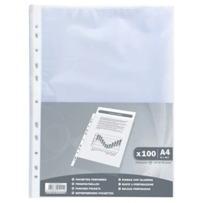 Immagine di Exacompta Rif. 5111E Bustina da 100 buste perforate economiche in polipropilene granulato, spessore 4/100, perforazione universale con 11 fori, formato A4, incolore
